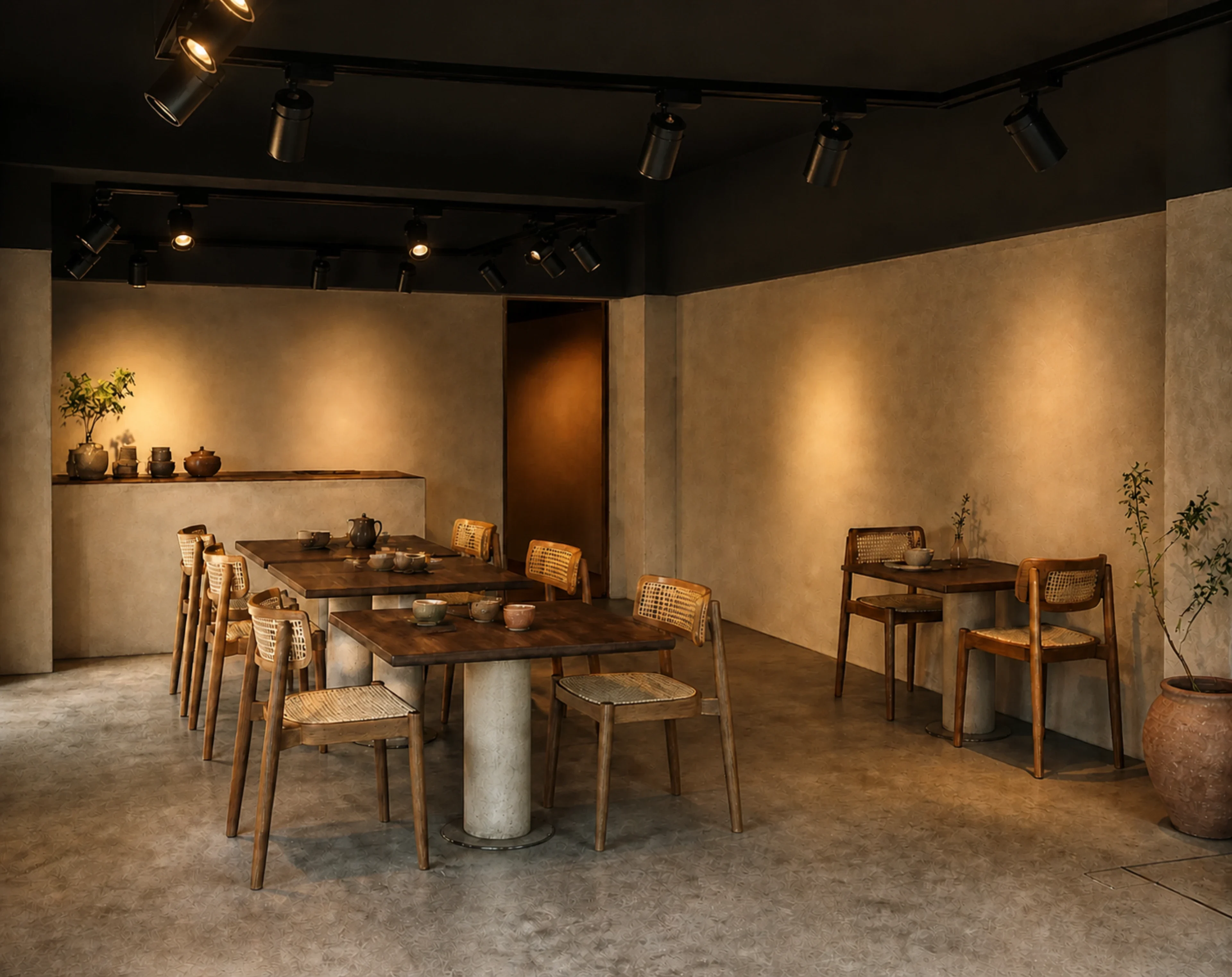 Plan-based concept render of the café seating area with dark timber communal tables, cane chairs, handmade cups, lime-plaster walls, and black track lighting.