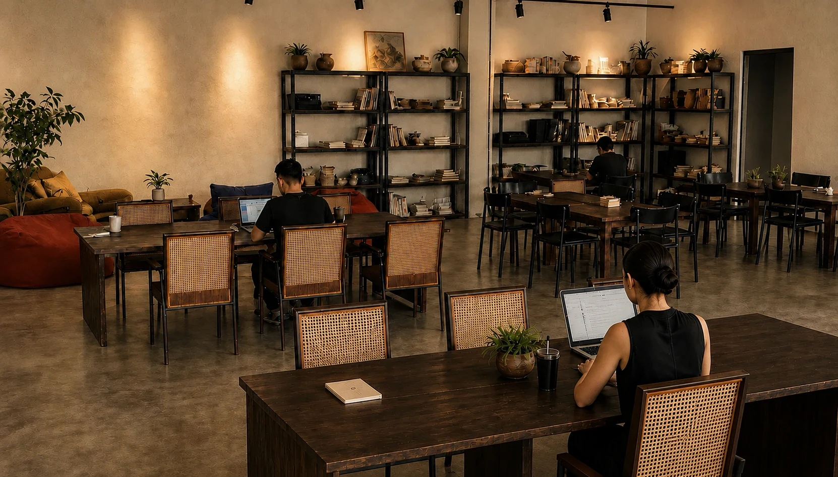 Plan-based concept render of the main coworking floor with dark timber shared tables, cane chairs, open shelves, lounge seating, plants, and people working quietly.