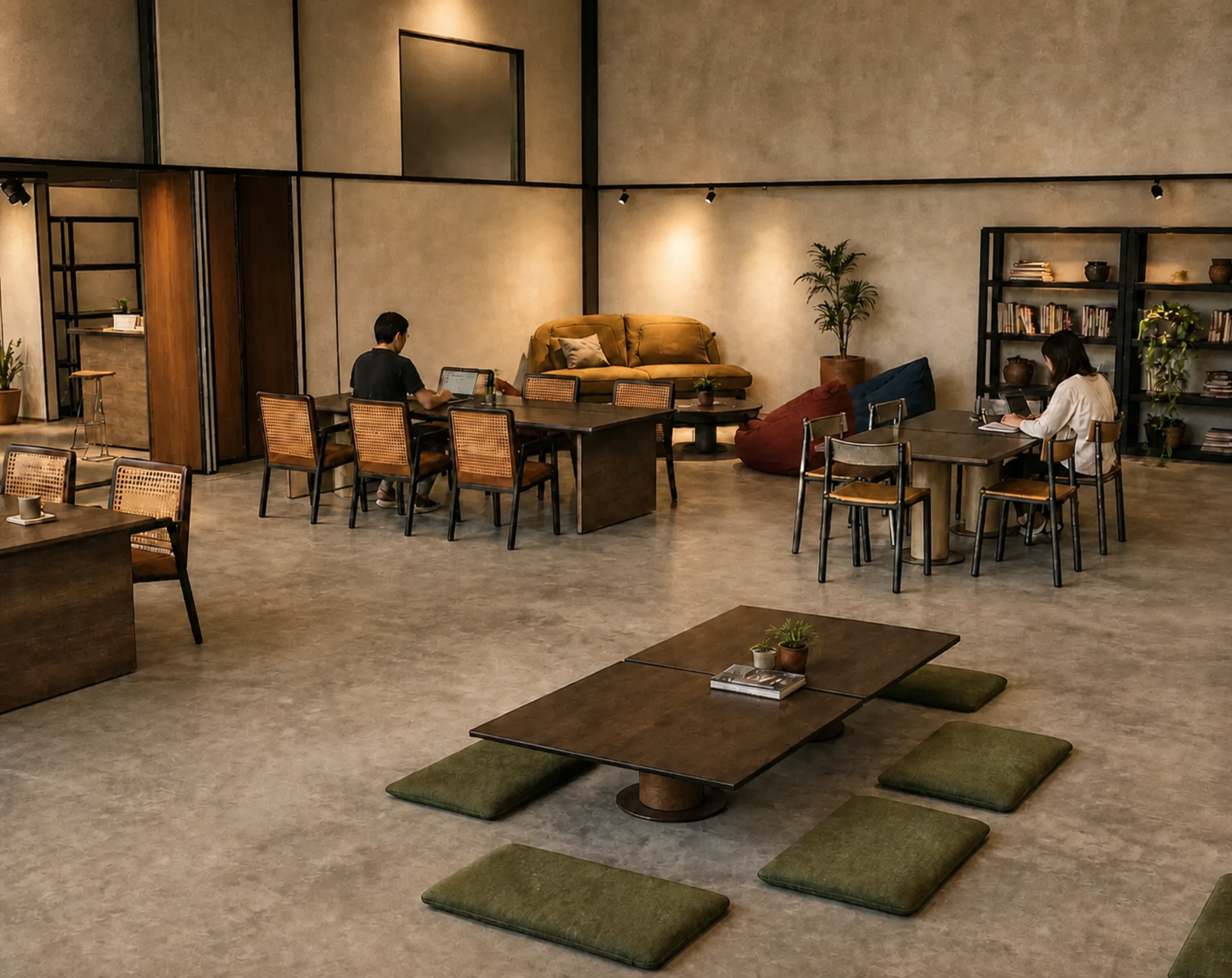 Plan-based concept render of the shared coworking floor with timber worktables, cane chairs, a low table with moss cushions, lounge seating, and open maker shelves.