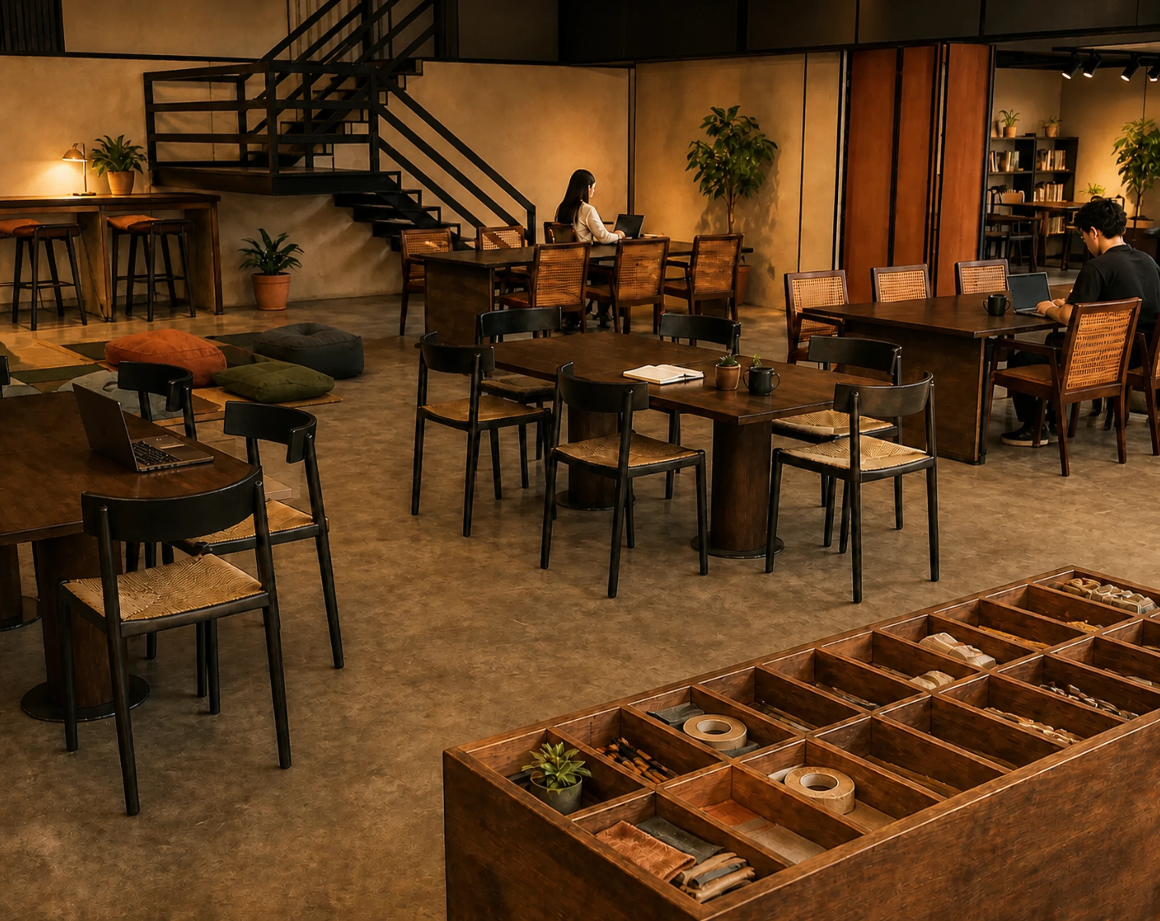 Plan-based concept render of the Create in Subic ground floor, with shared worktables, low floor seating, the black stair, folding partitions, and a maker display table.