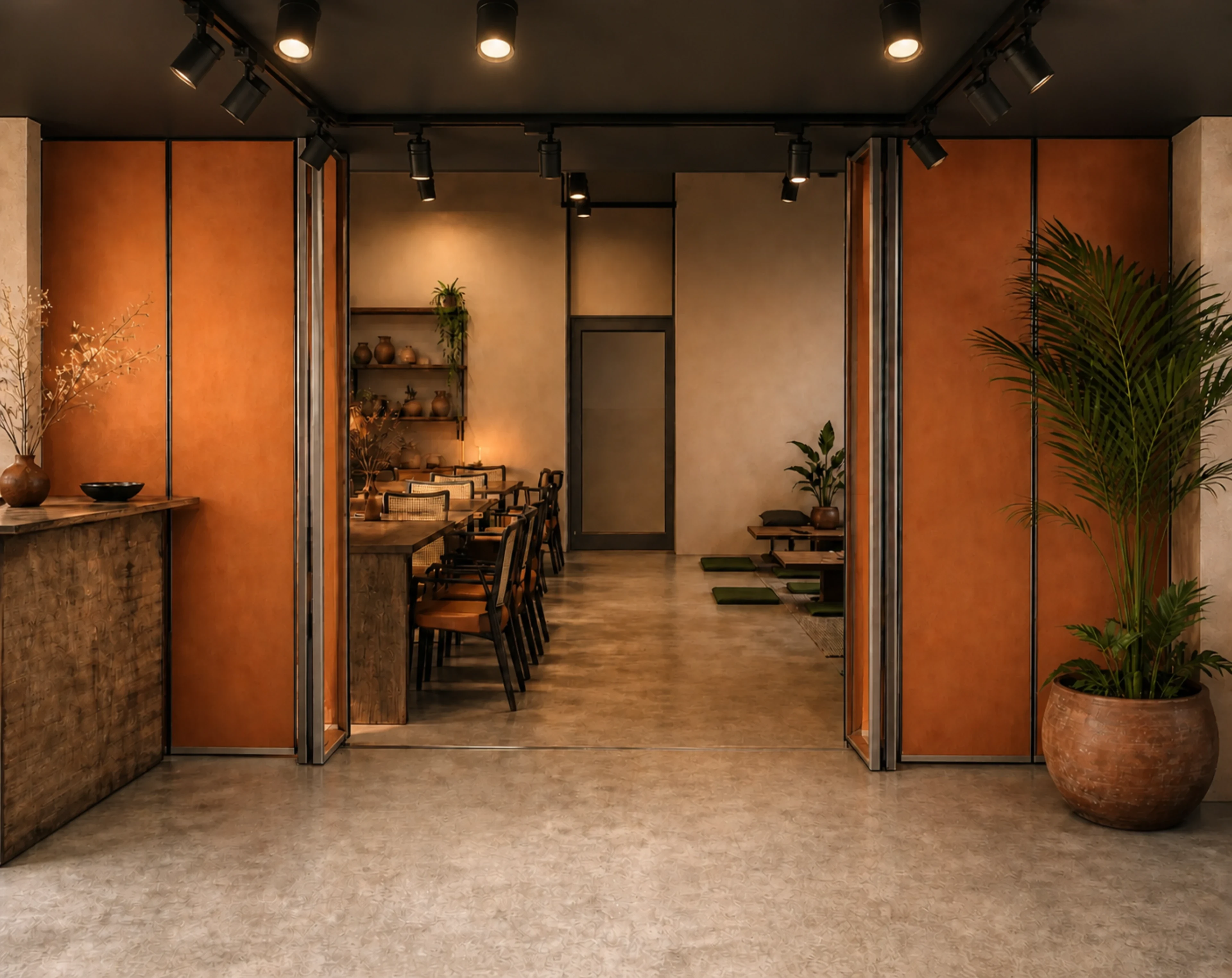Plan-based concept render looking through the Create in Subic entrance, between tall terracotta folding partitions, toward the coworking tables and low floor-seating area.
