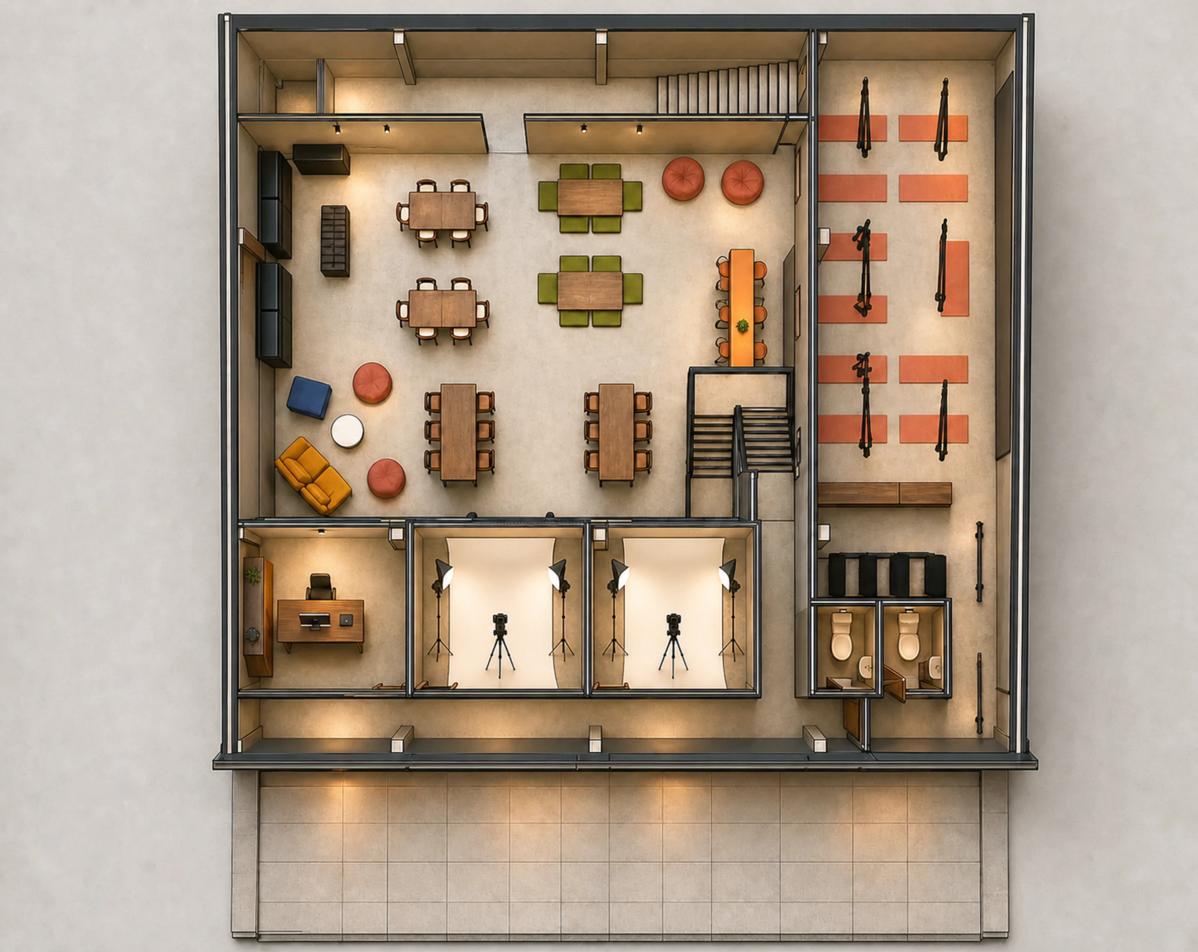 Roofless top-down concept render of the current renovation plan, preserving the long rear mezzanine hallway and rear stair, shared work floor, two low tables with moss tatami cushions, café counter and central stair, one front admin office, two self-shoot studios with seamless wall-to-floor backdrops, two single all-gender restrooms, and the wellness room with mats and hanging aerial slings.