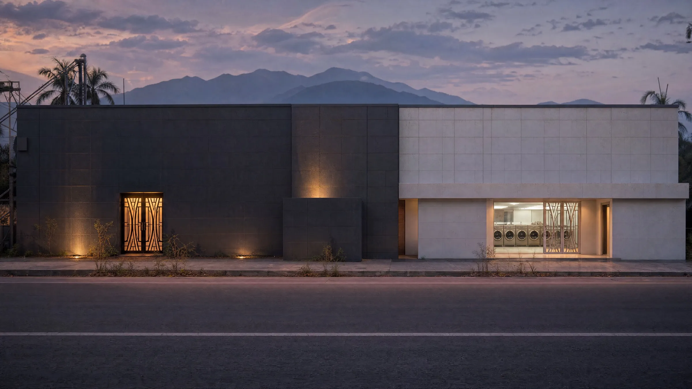 Concept render of the planned Create in Subic studio house at dusk: a one-storey ex-nightclub building, tiled facade painted muted charcoal, warm light through metal-grilled doors, an independent laundromat in the right bay.