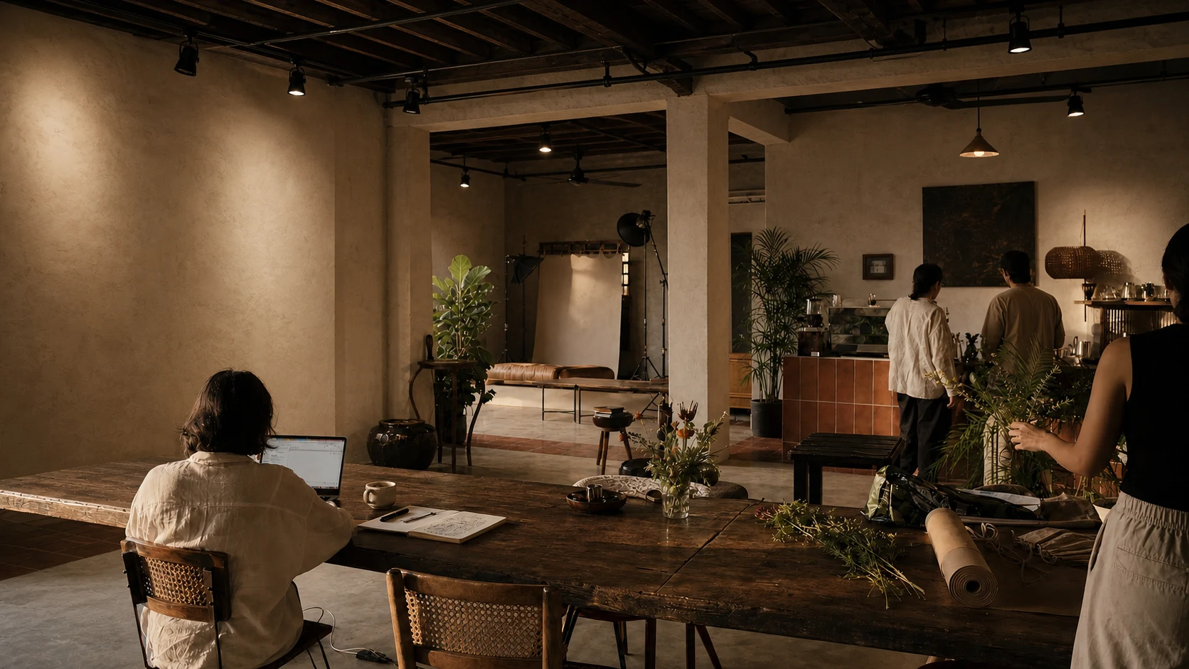 Concept image of an active Subic creative house with a remote worker at a shared table, florals in progress, a coffee bar, and a photography set in the next room.