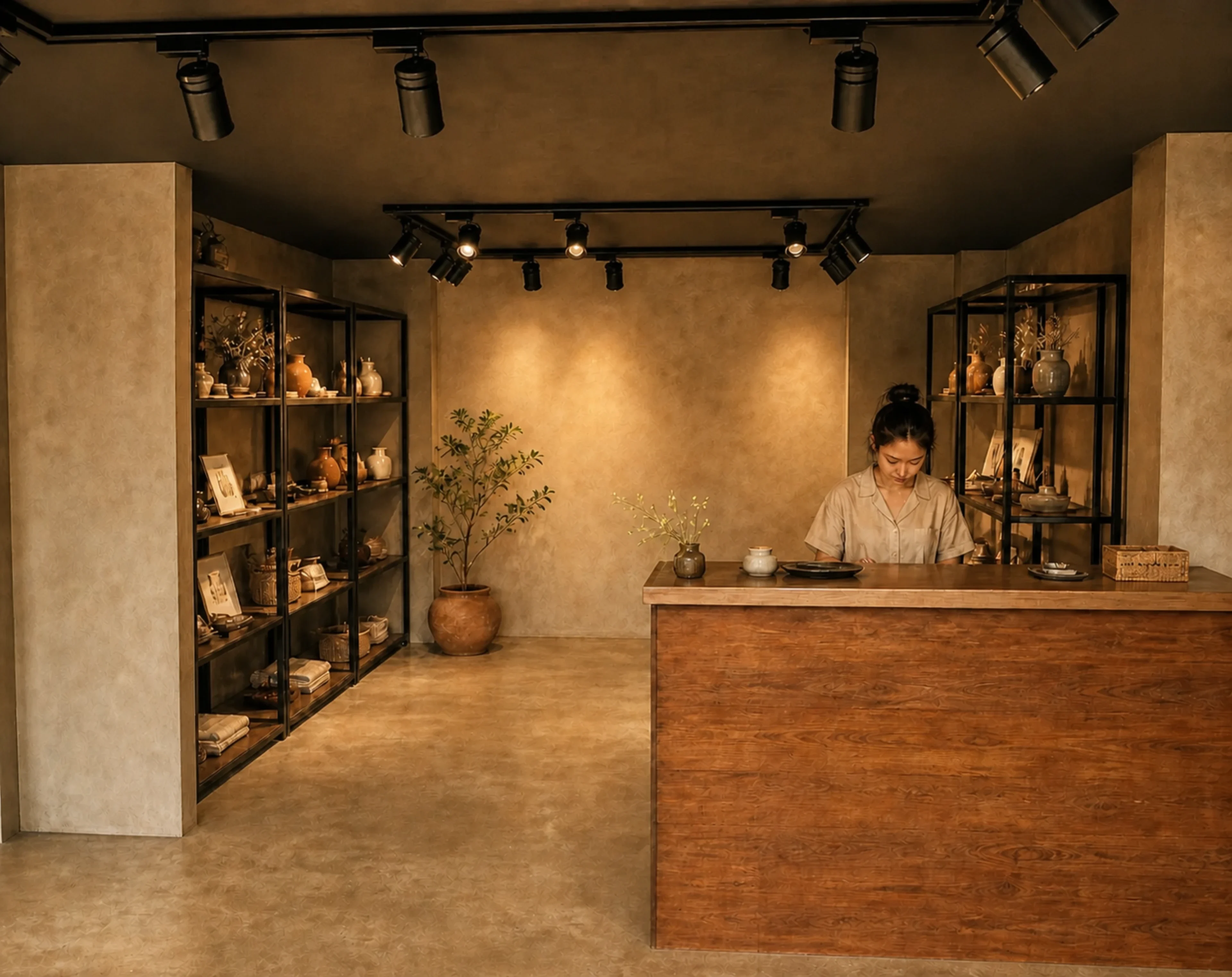 Plan-based concept render of the maker-retail room with black steel shelving, locally made ceramics and baskets, a timber front desk, and warm track lighting.