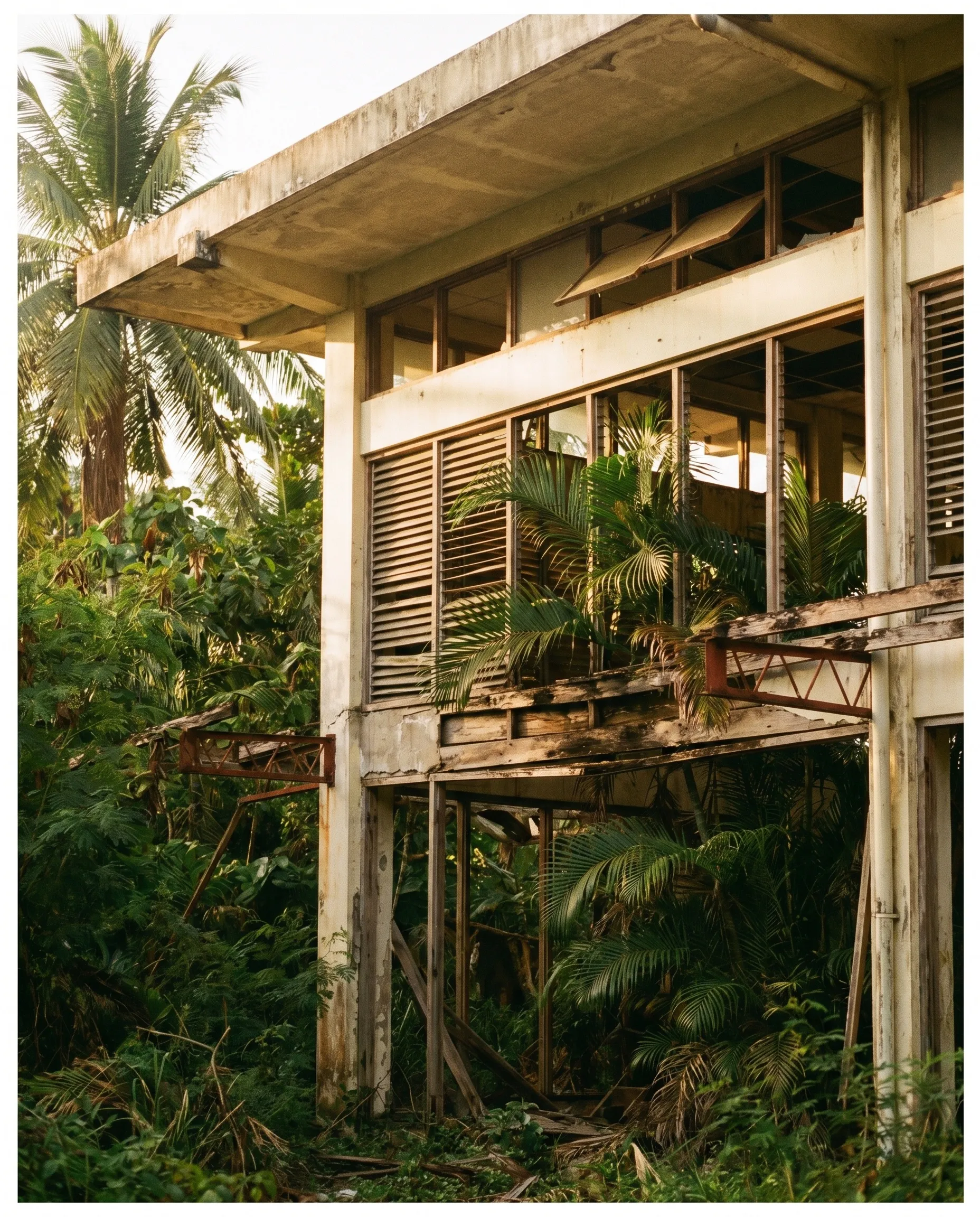 Concept render: abandoned mid-century concrete-and-wood architecture at Old Cubi Point, half-reclaimed by tropical foliage at golden hour.