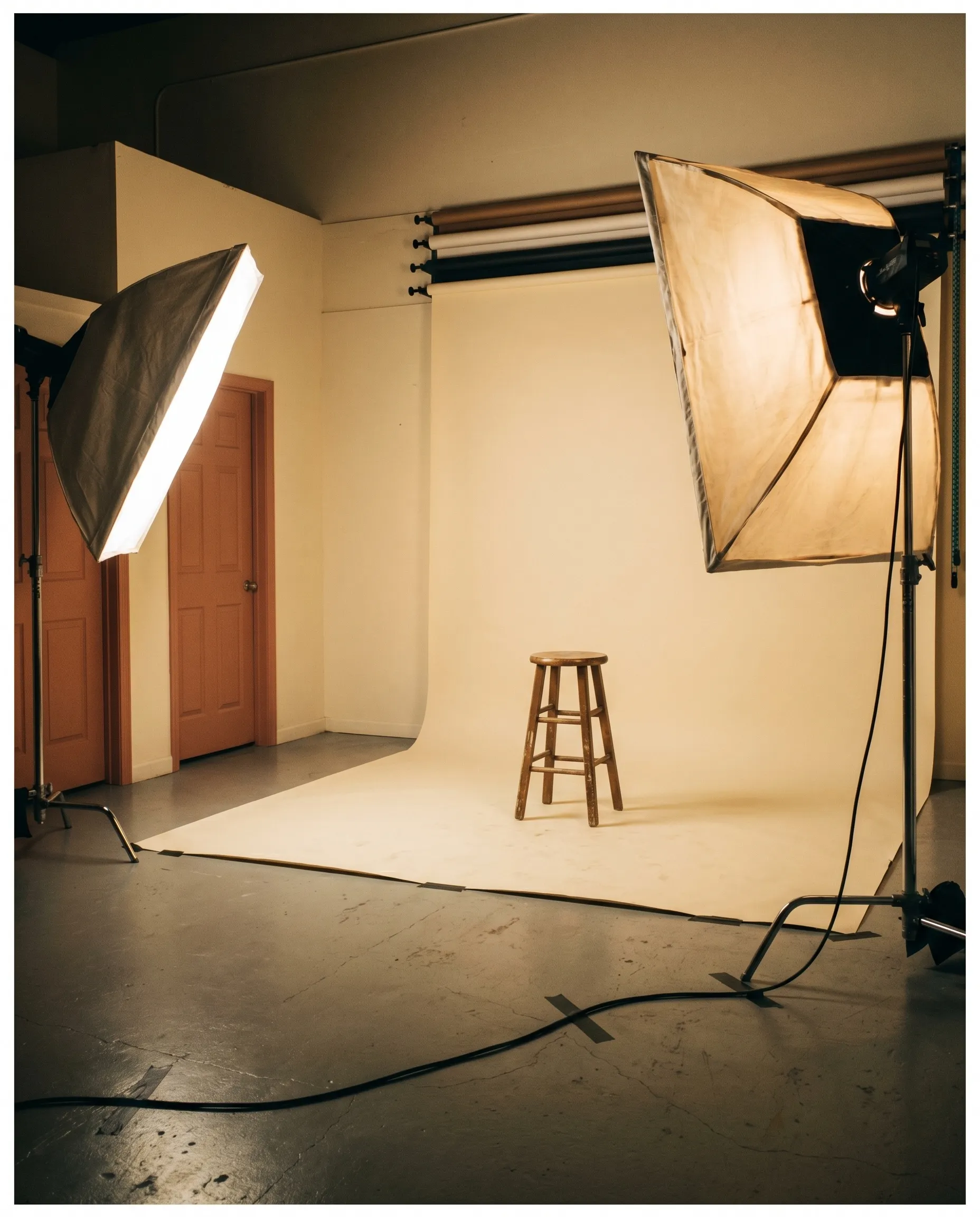Concept render of an empty portrait studio set with softboxes flanking a cream backdrop and a posing stool: the kind of room a Subic pop-up portrait day will run in.