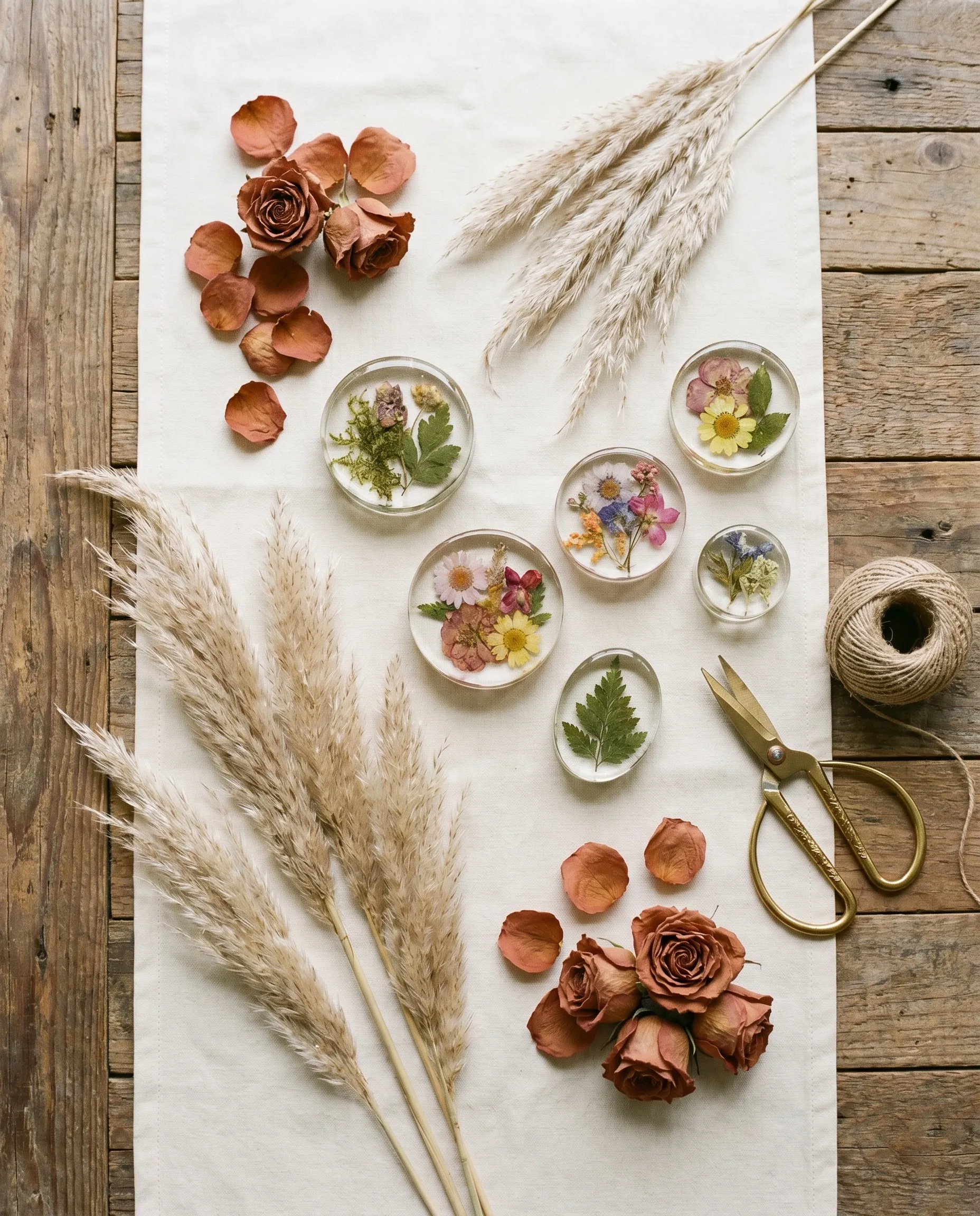 Concept render of a top-down flat-lay of pressed pampas, dried roses and resin paperweights with pressed flowers: the kind of styling table a Gawang Diwa shoot is built around.