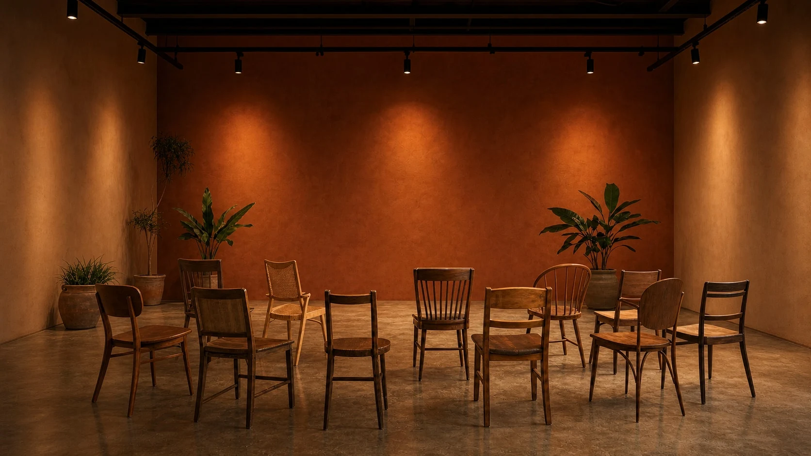 Concept image of a long workshop and community table with notebooks, craft materials, coffee, and places prepared for people to gather.
