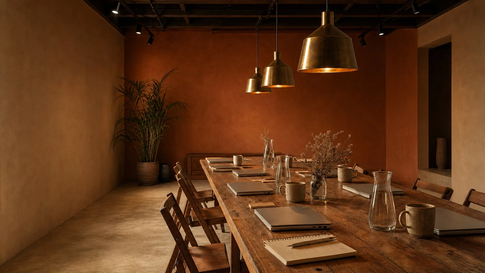 Concept image of a communal wooden table set for a small Subic meetup with notebooks, ceramic mugs, water, and informal places to sit.