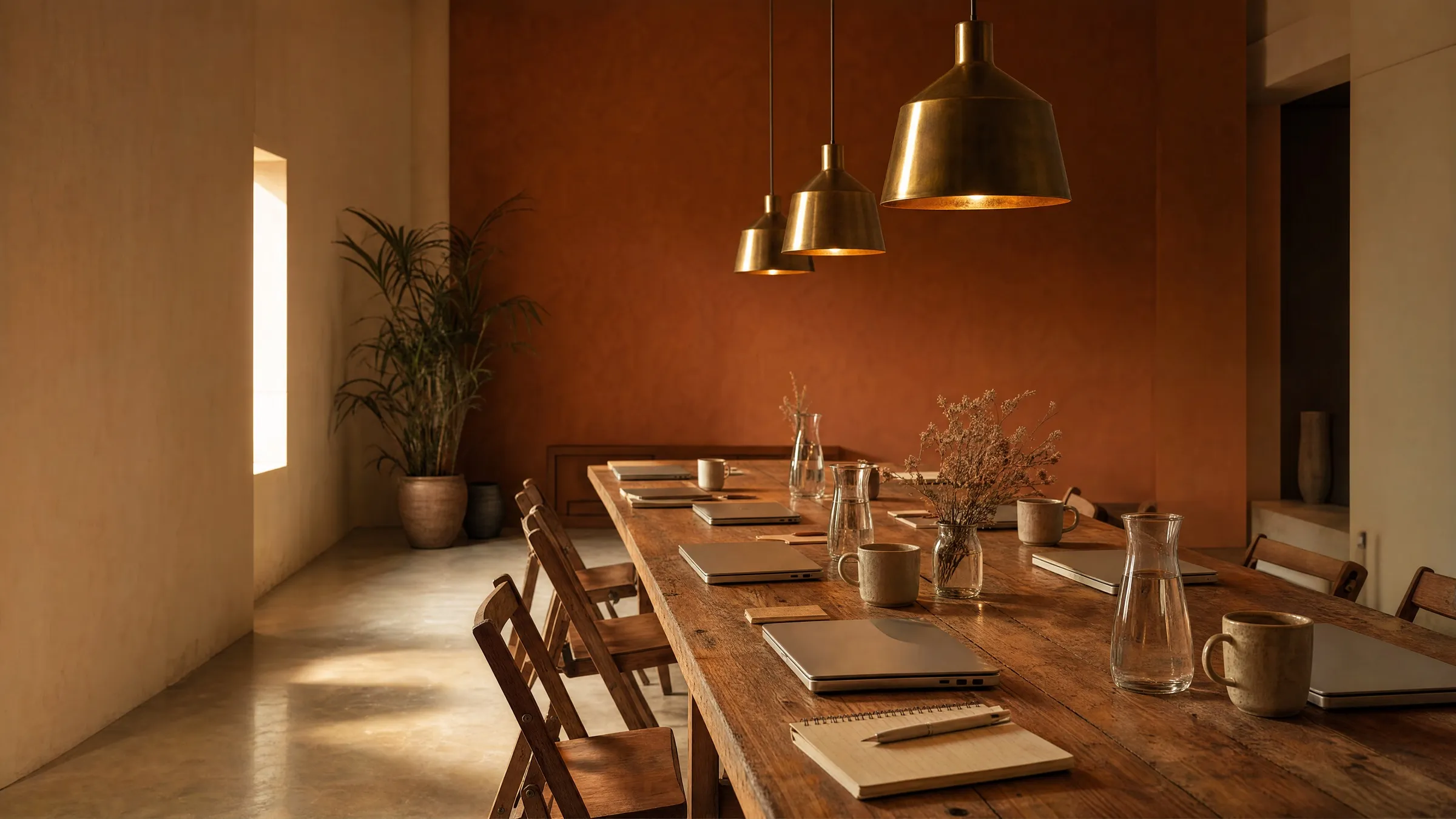 Concept render of a long communal wooden trestle table set up for a creator meetup: closed laptops, water carafes, scattered notebooks and ceramic mugs in golden-hour window light.