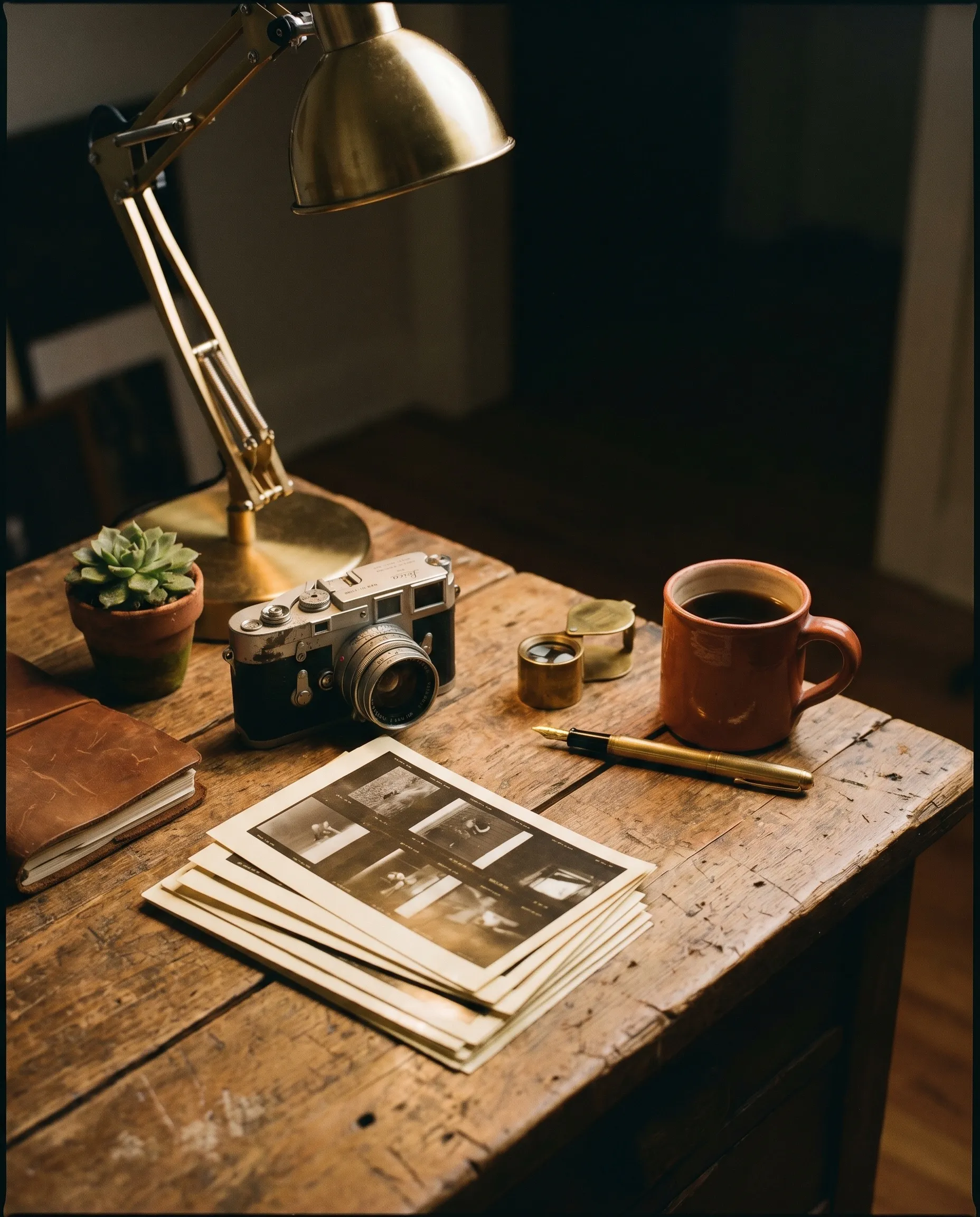 Concept render: an editor's desk with a vintage 35mm film camera, contact sheets, brass loupe, fountain pen, and a terracotta ceramic mug of coffee in raking window light.