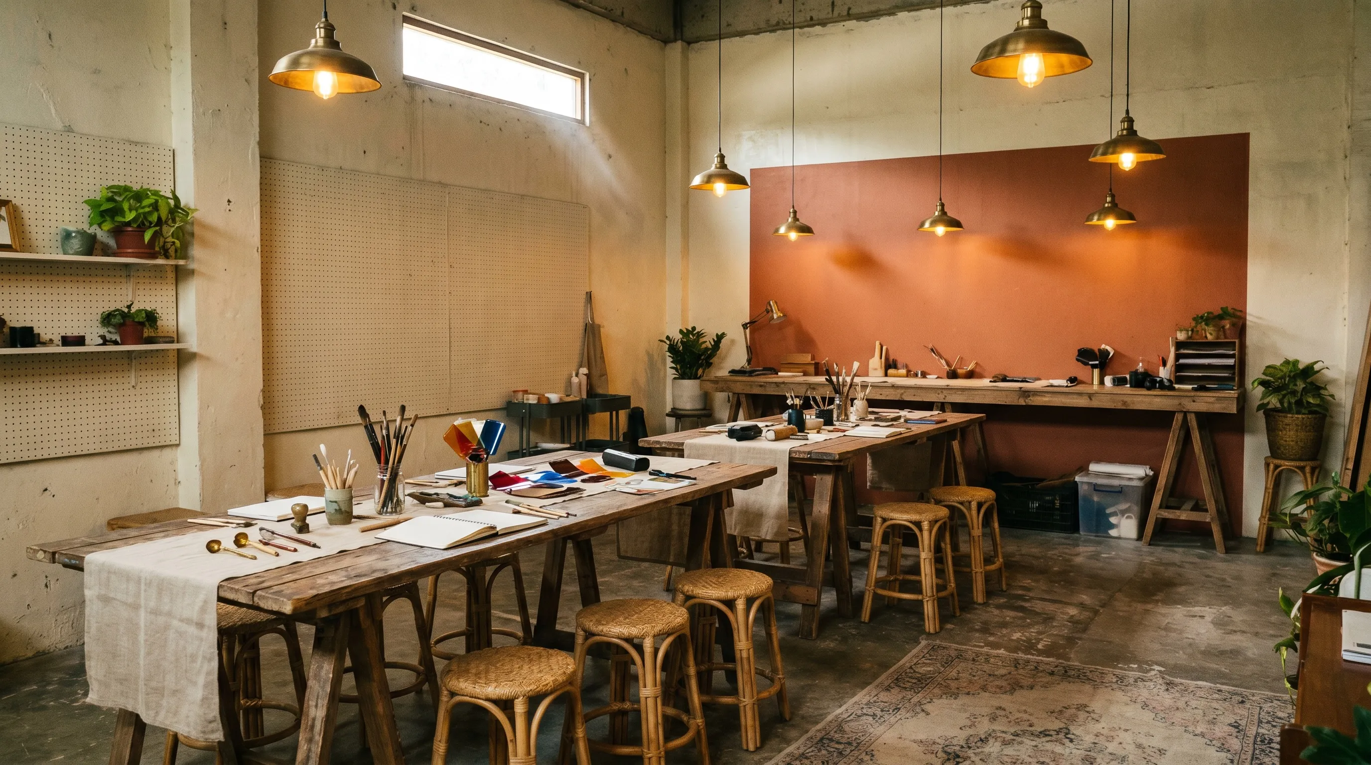 Concept render: a workshop room with wooden trestle tables, rattan stools, calligraphy brushes and lighting gels laid out on linen runners, cream pegboard wall, large skylight overhead.