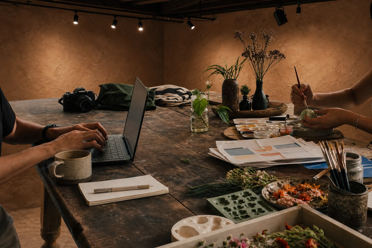 Concept image of anonymous hands working on a laptop and painting craft pieces together at a scratched wooden table with coffee, florals, and a camera nearby.
