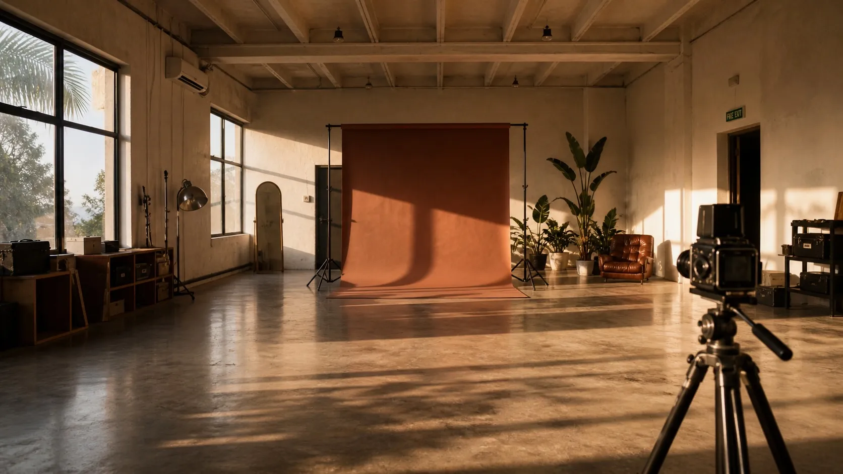 Warm interior reference for the planned Subic content studio house — terracotta accents, cream walls, wooden floors.