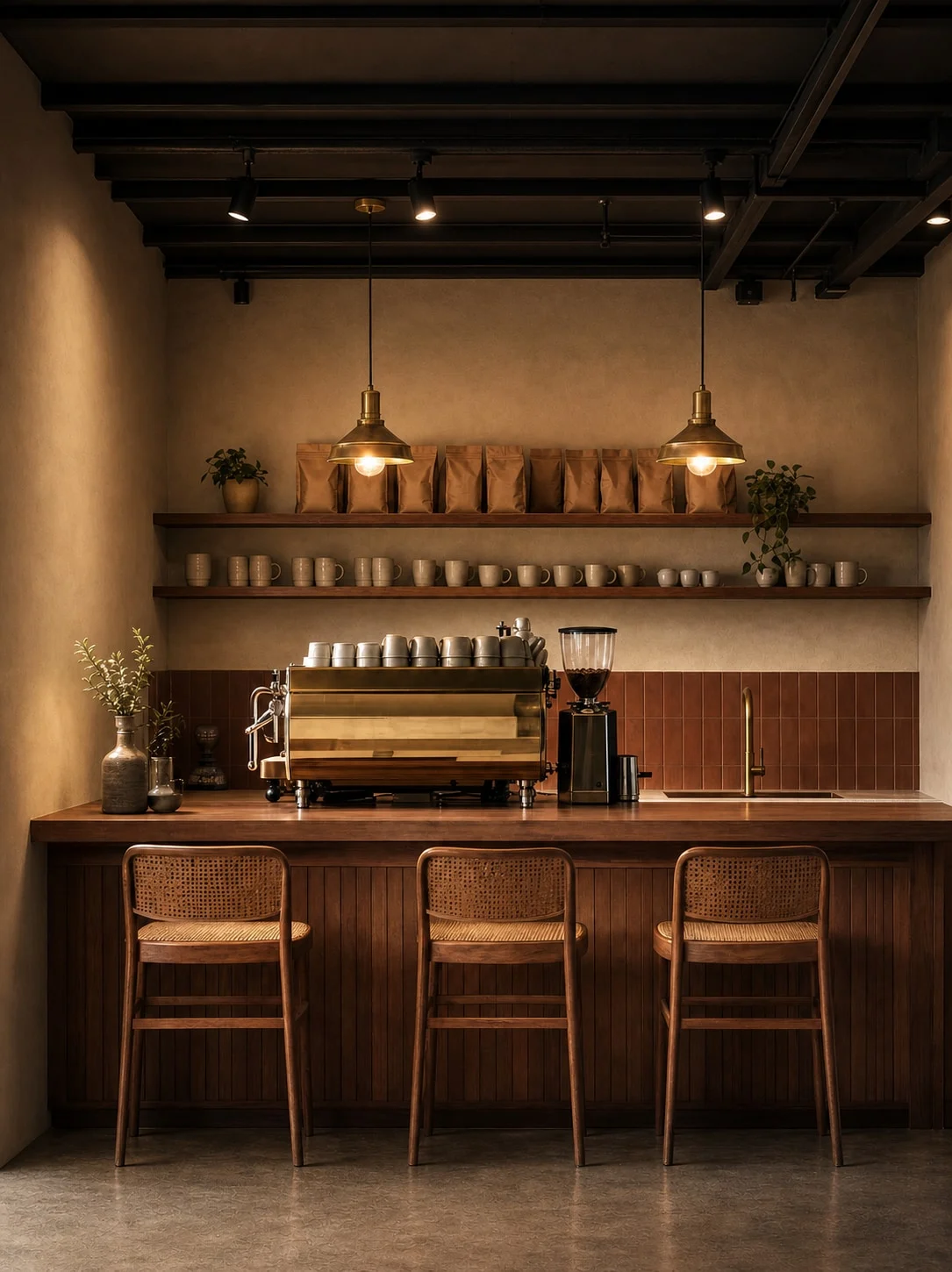 Concept image of a small warm neighbourhood coffee bar with wood, terracotta tile, brass lights, ceramic cups, and three counter stools.
