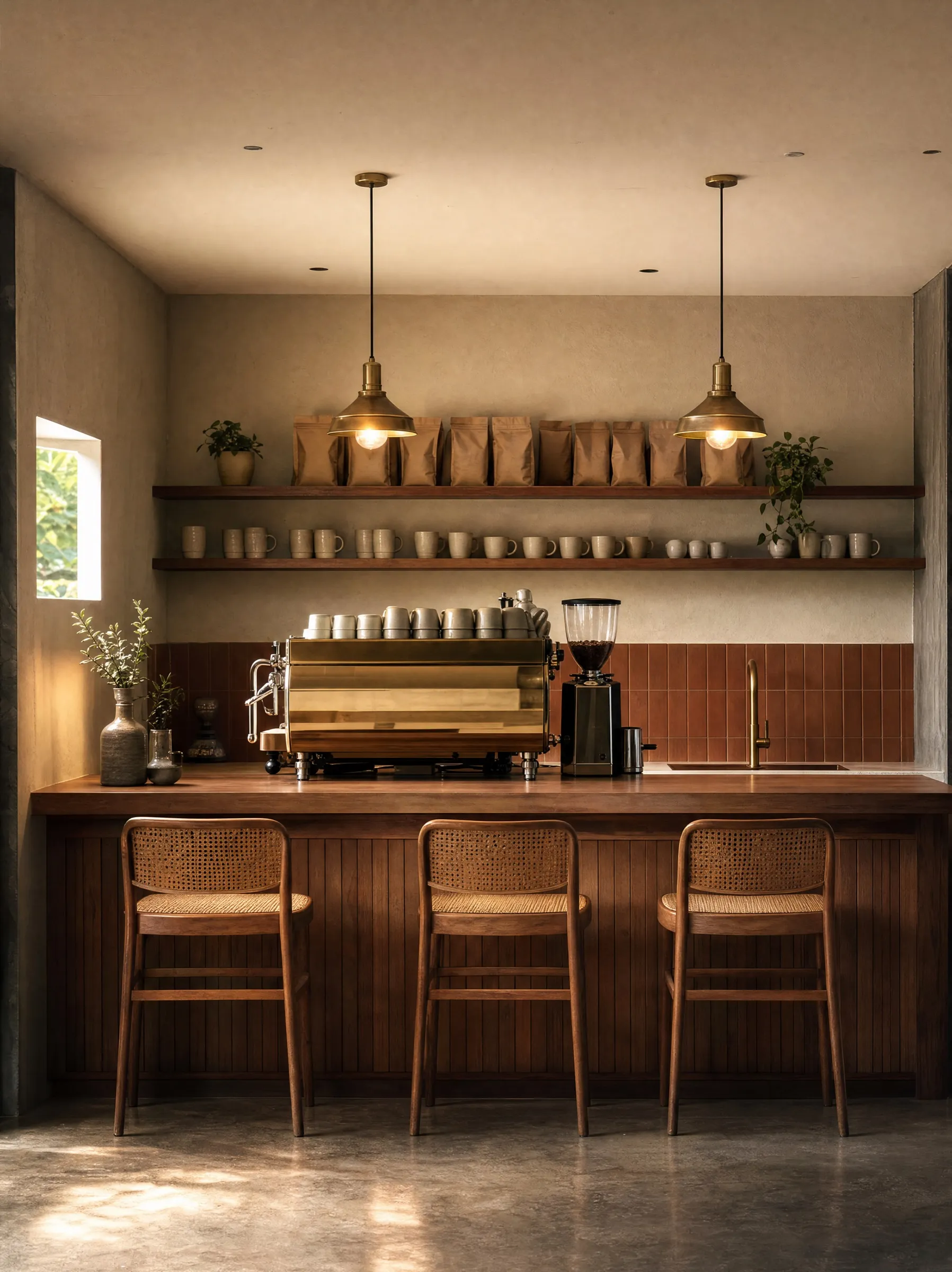 Concept render of the planned cafe on the ground floor: wooden counter, brass espresso machine, terracotta wainscot, rattan stools, brass pendant lamps, plain unbranded mugs and bags on open shelving. No signage, no people.