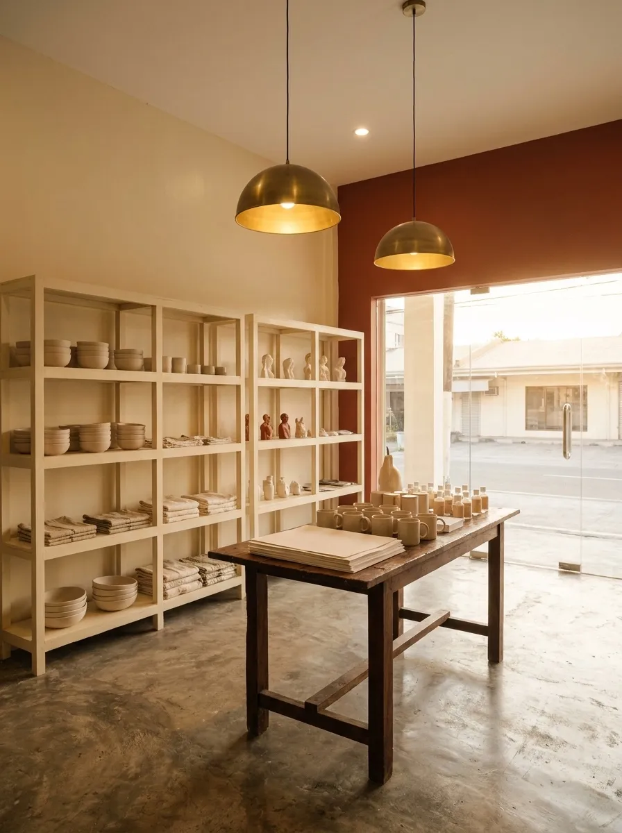 Concept render of a mini artist concept store on the ground floor, street-facing: cream shelving and a slim display table holding ceramics, prints, and small goods from local makers, warm daylight from the front. No signage, no people.