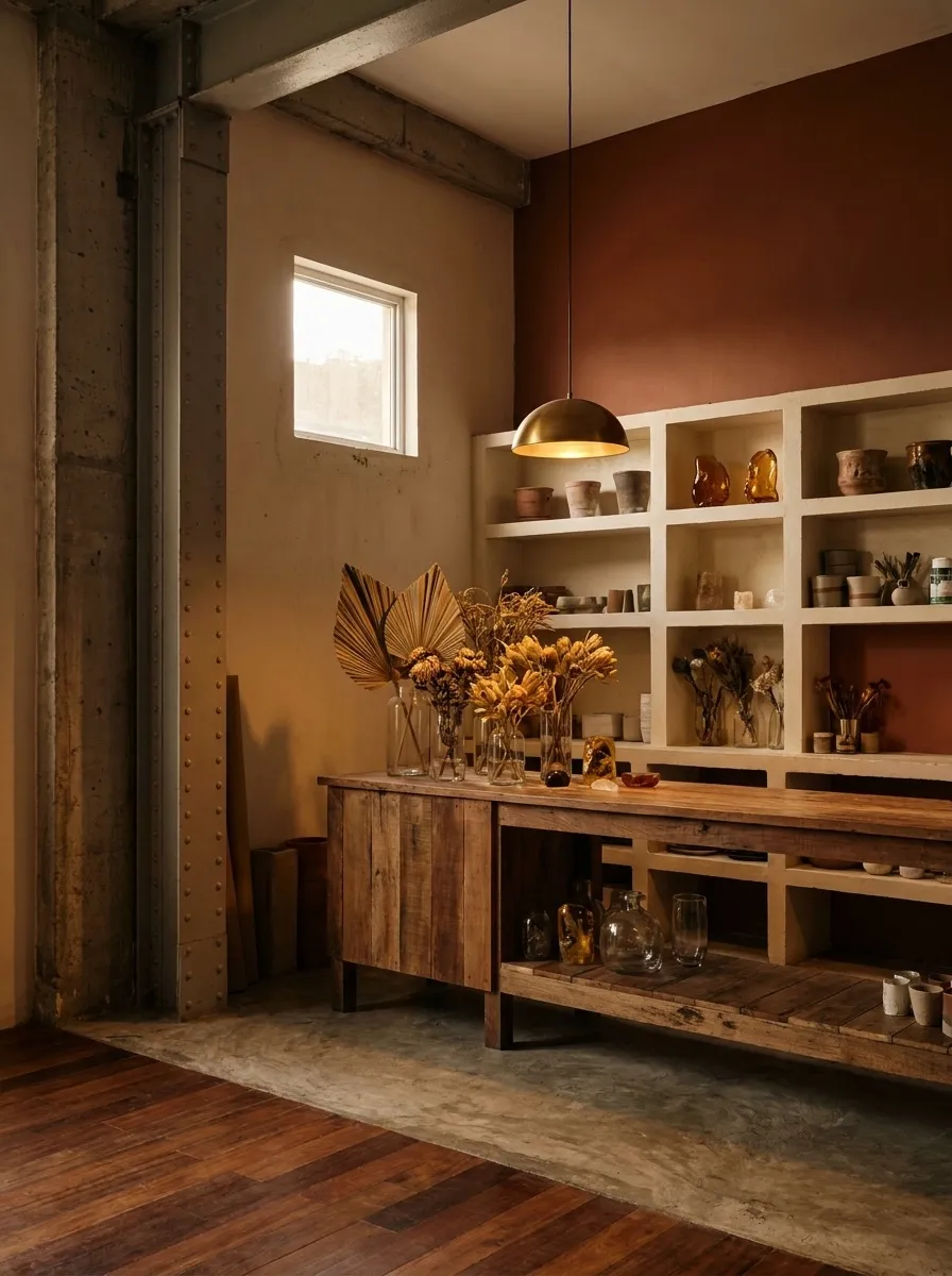 Concept render of Gawang Diwa's floral bar: its own counter and zone with preserved florals and resin pieces, dried palms in glass vases, a wooden workbench, cream shelving behind. No signage, no people.