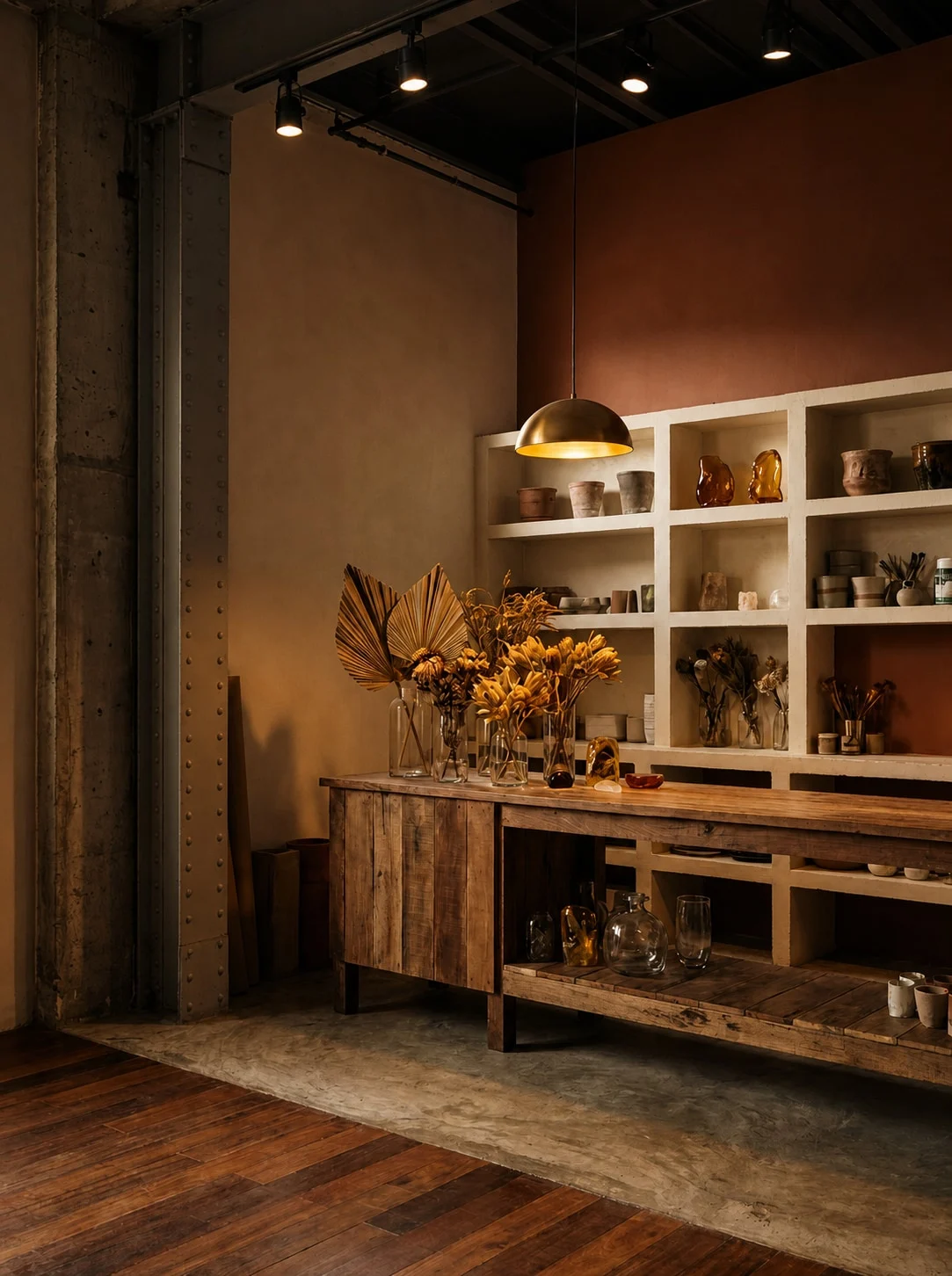 Concept image of the Gawang Diwa floral work area with preserved flowers, resin materials, and a hands-on workshop table.