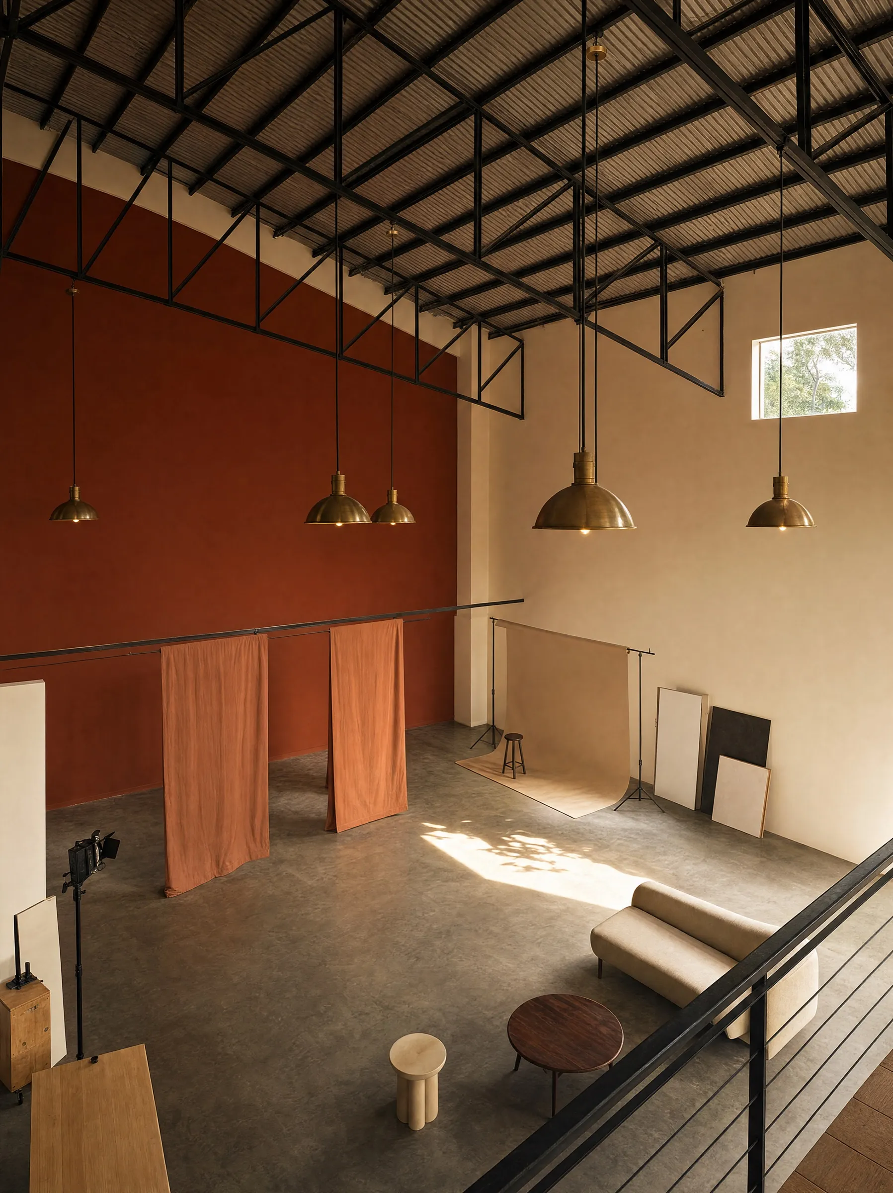 Concept render of the studio house's hero space: a double-height open-to-below volume under exposed metal roof trusses, terracotta accent wall, two terracotta linen drops, polished concrete floor, mezzanine railing visible at one edge.