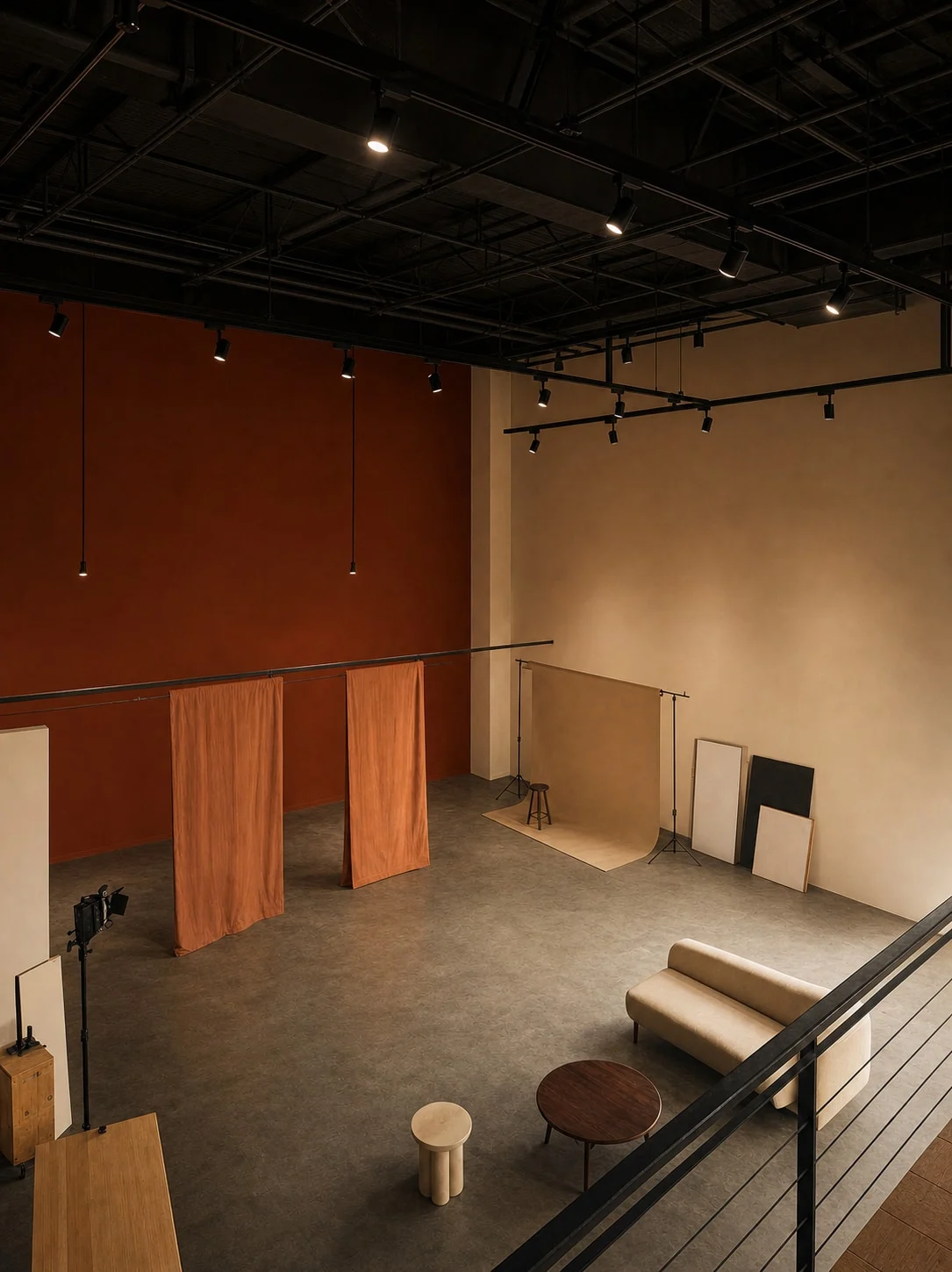 Concept image of the adaptable ground-floor production area with a broad clear floor, lighting stands, a paper backdrop, and movable worktables.