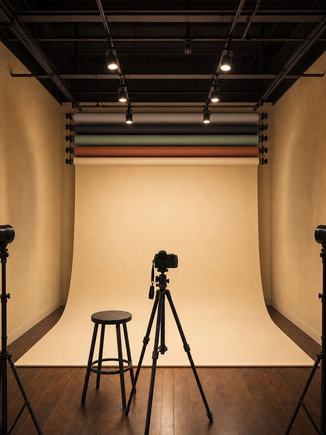 Concept image of a mezzanine self-shoot room with a full-width seamless paper sweep, five interchangeable colour rolls, a camera station, and flashes placed behind the shooting position.