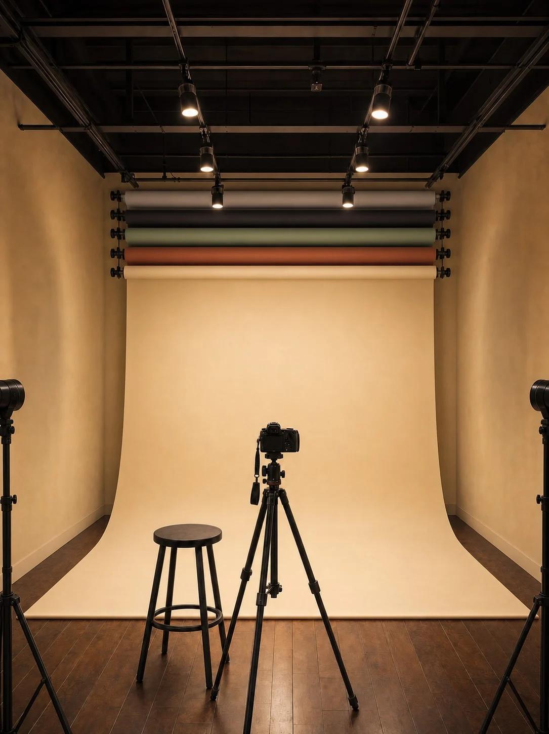 Concept image of a mezzanine self-shoot room with a full-width seamless paper sweep, interchangeable colour rolls, a camera station, and flashes positioned behind the shooting area.