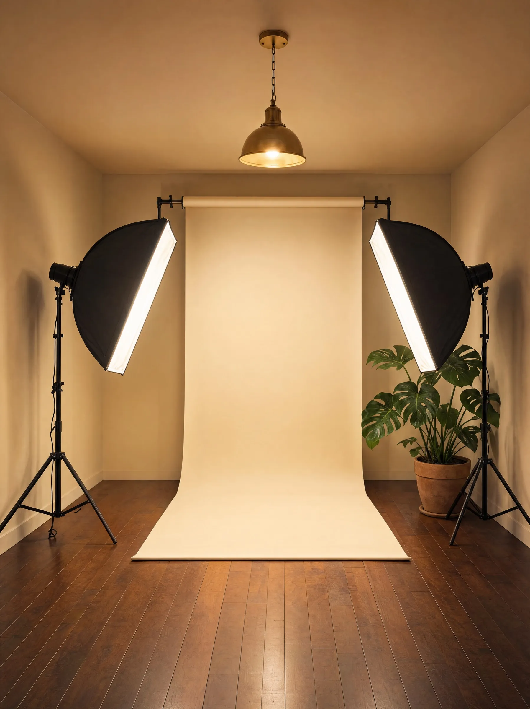 Concept render of a compact private self-shoot studio on the mezzanine: windowless, cream paper backdrop, two softboxes on stands, refinished wood floor, monstera in the corner. No signage, no people.