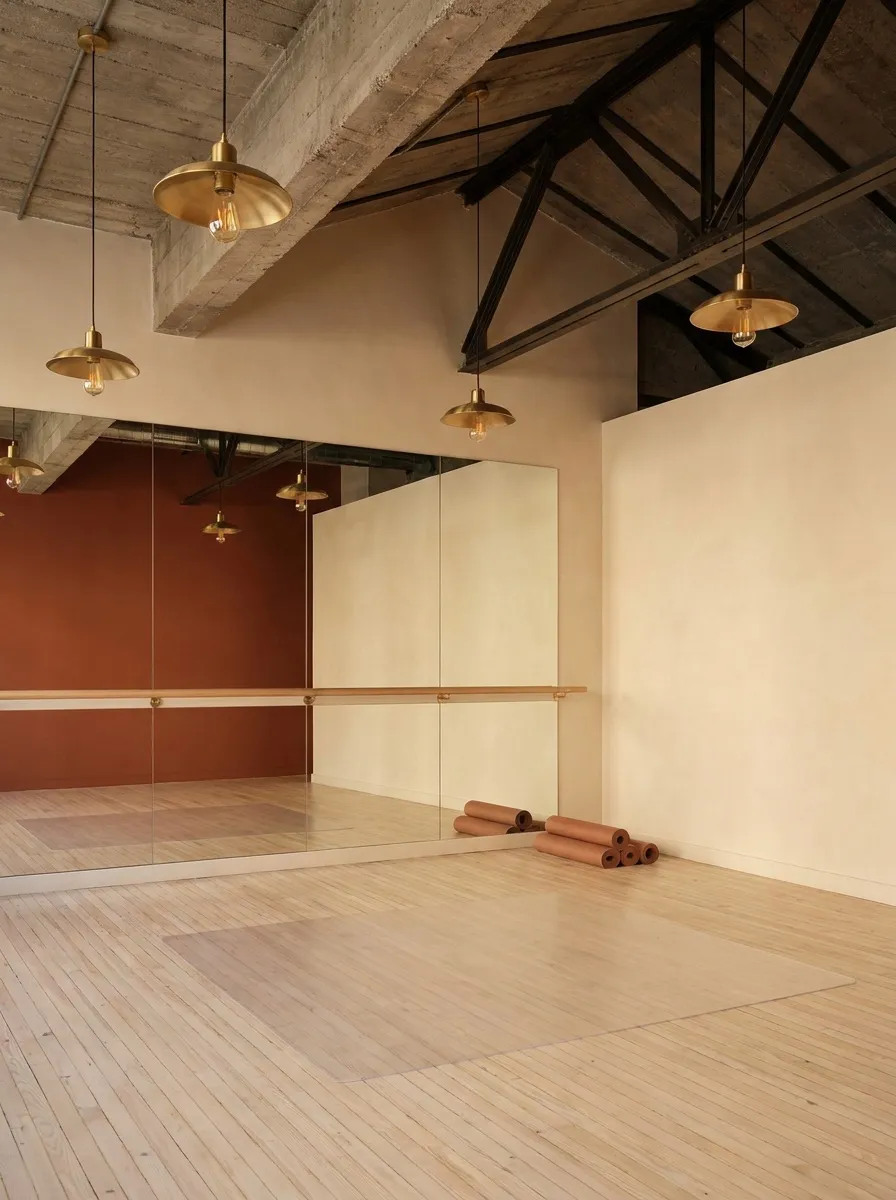 Concept render of a calm, enclosed yoga and pilates room on the mezzanine: a closed room lined with a full-length wall mirror and a ballet barre, rolled mats on a soft pale floor, refinished wood flooring, a terracotta accent wall, brass pendant lamps. No signage, no people.