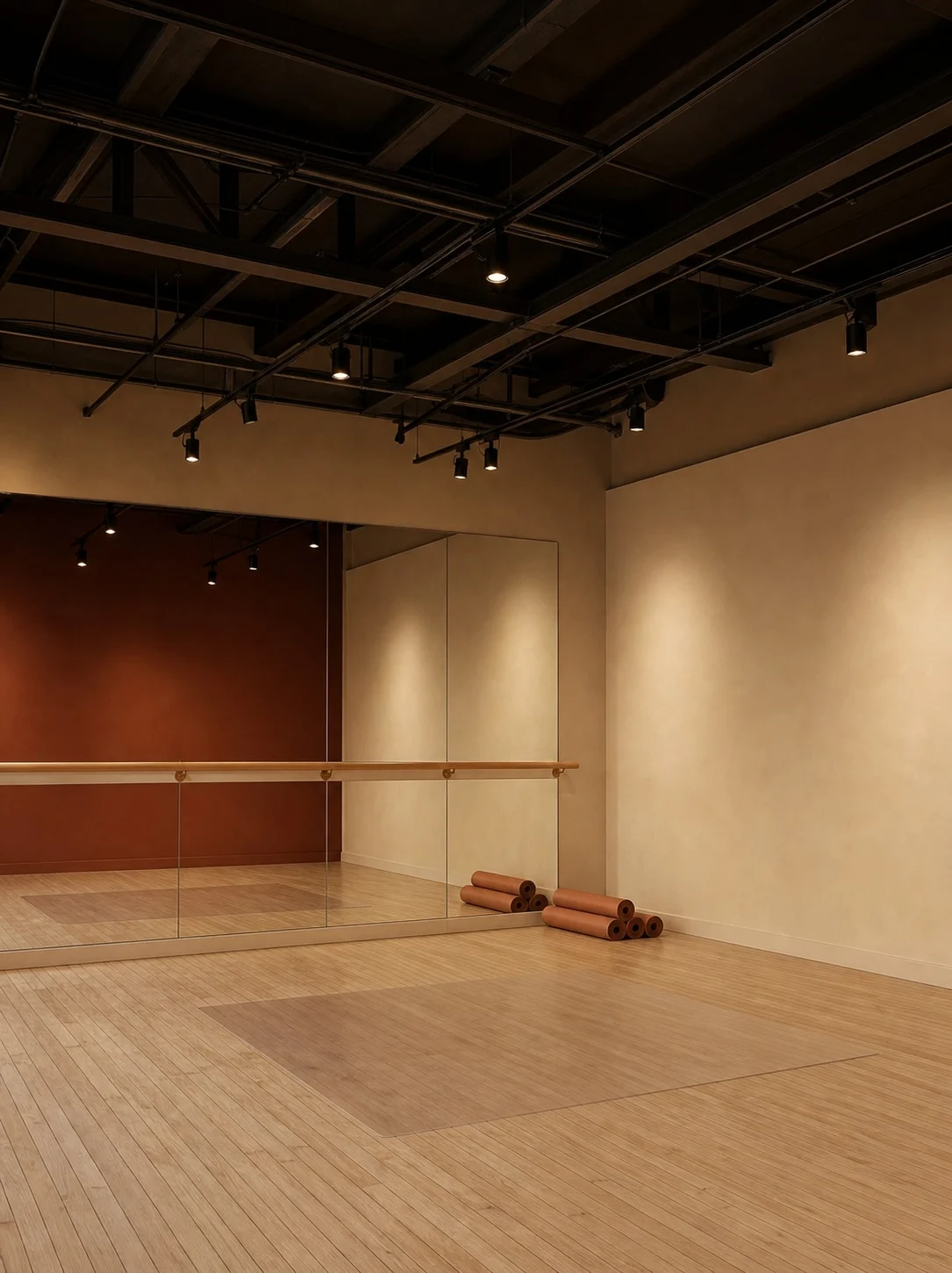 Concept image of the planned mezzanine movement room with pale timber floors, a warm clay wall, simple mats, and exposed black roof structure.