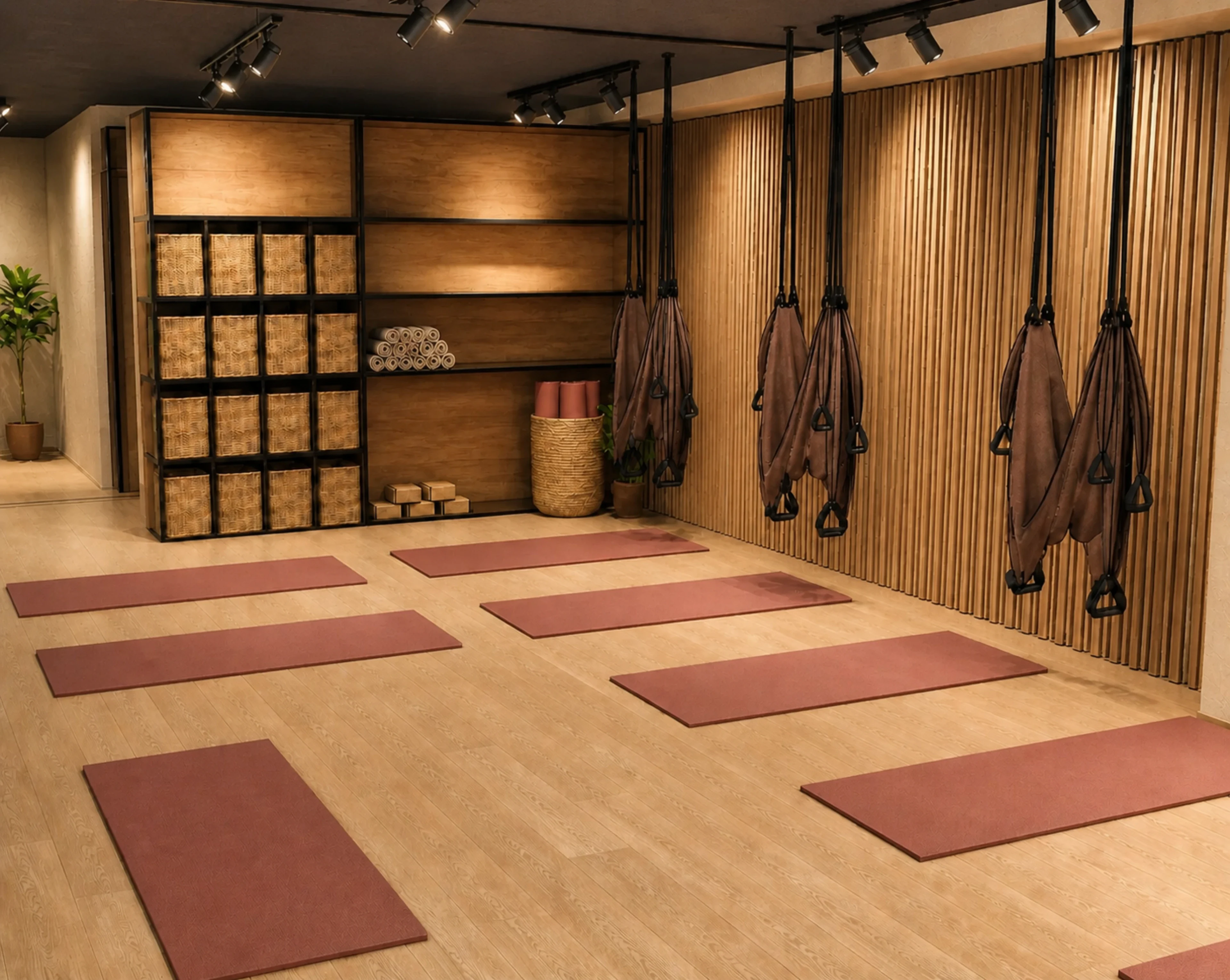 Plan-based concept render of the empty wellness room with terracotta mats, warm timber floor, black-steel and timber storage, woven baskets, and aerial slings along a full slatted wall.