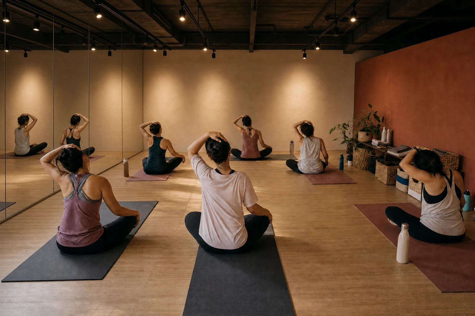 Concept image of a small anonymous movement class in a windowless warm mezzanine room with floor-to-ceiling mirrors, pale timber floors, exposed black roof structure, and track lighting.