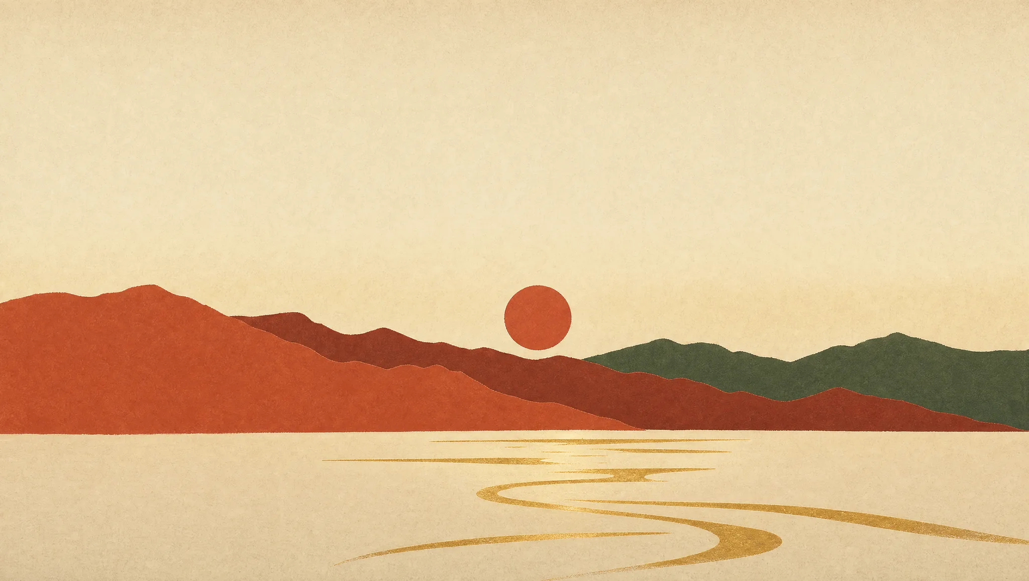 Painted panorama of Subic Bay at dusk: layered mountain ridges, a low terracotta sun, calligraphic waves on the water.