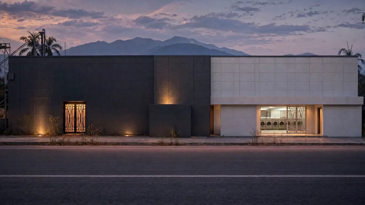 The studio house exterior at dusk, painted-tile facade with warm light through metal-grilled doors.