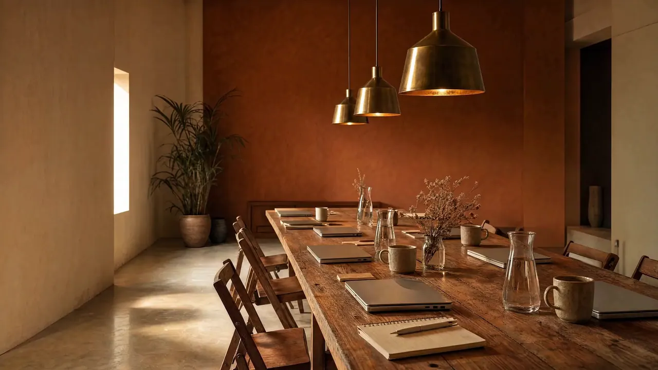 A creator meetup setting up: long trestle table, brass pendants, terracotta accent wall, light pouring in.